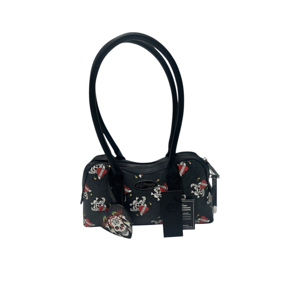 Ed‎ Hardy Black Vegan Leather Shoulder Bag LKS Logo Skull  Heart Y2K NWT